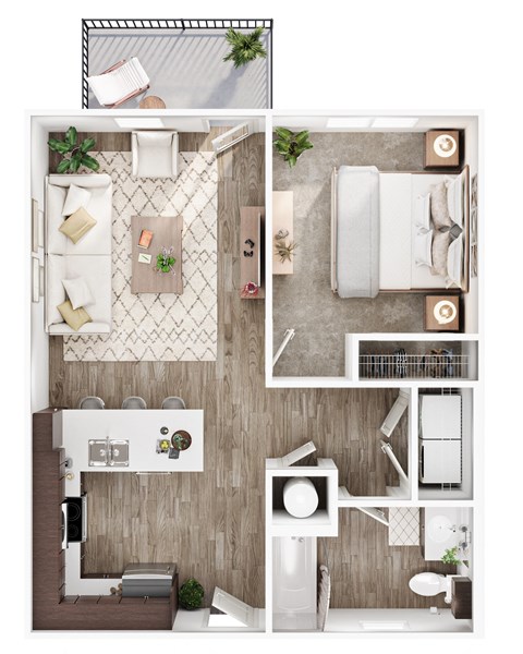 Floor plan for 1 bed, 1 bath, 658 sqft